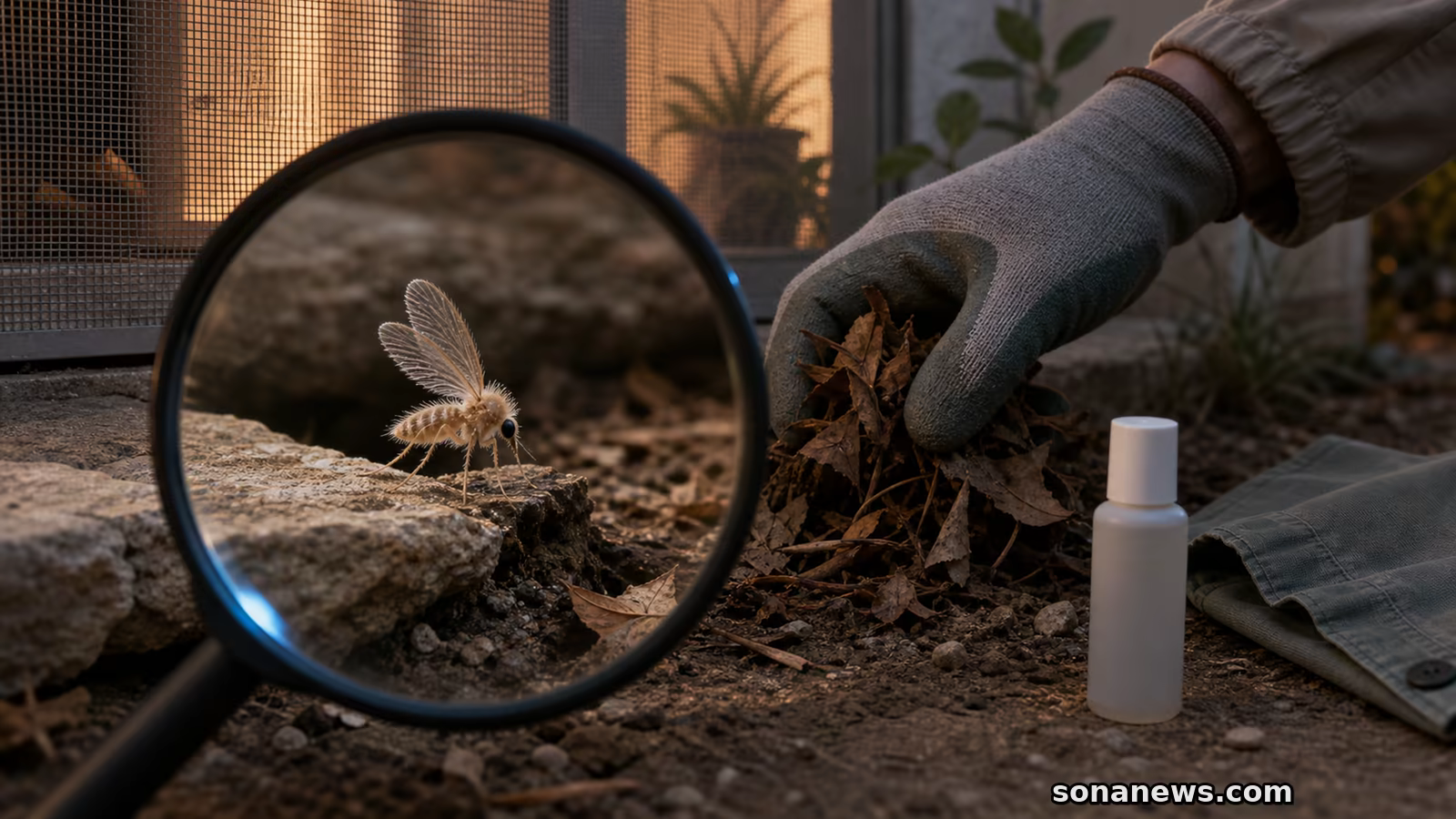 Una lente ingrandisce un pappatacio su una fessura asciutta, accanto a foglie rimosse, zanzariera fine e repellente contro il virus Toscana.