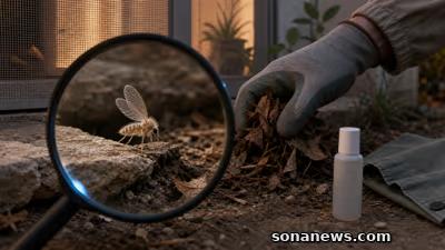 Una lente ingrandisce un pappatacio su una fessura asciutta, accanto a foglie rimosse, zanzariera fine e repellente contro il virus Toscana.