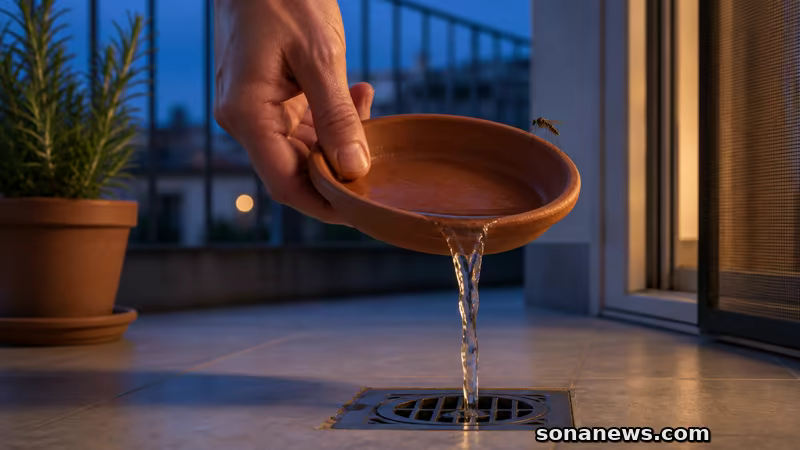 Una mano svuota un sottovaso mentre una zanzara Culex resta sul bordo, prevenzione contro il West Nile.