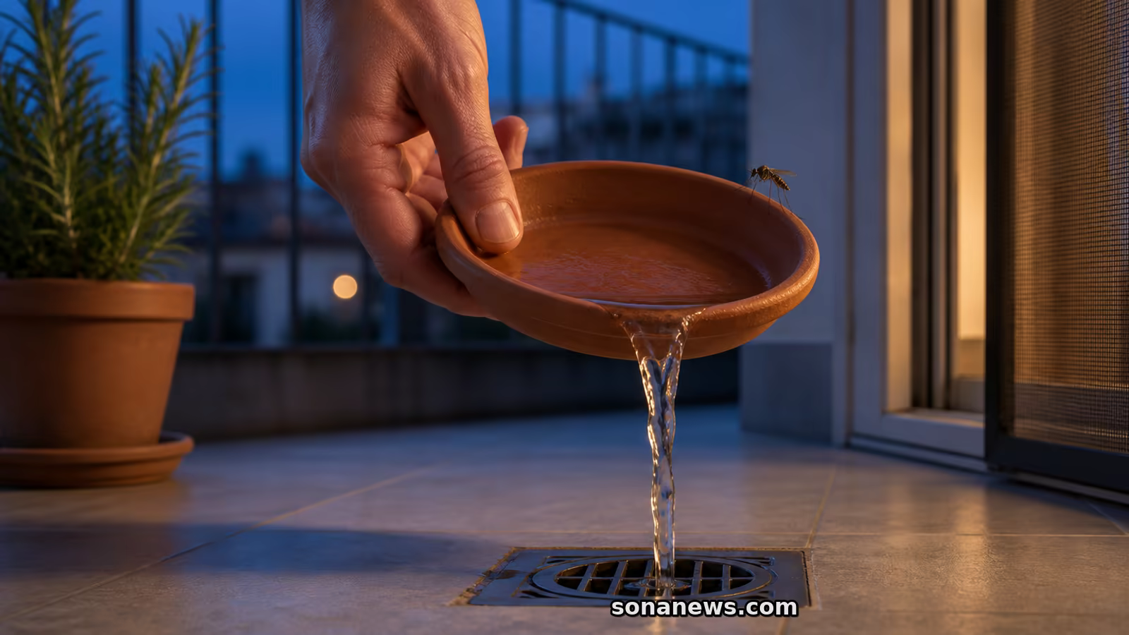 Una mano svuota un sottovaso mentre una zanzara Culex resta sul bordo, prevenzione contro il West Nile.