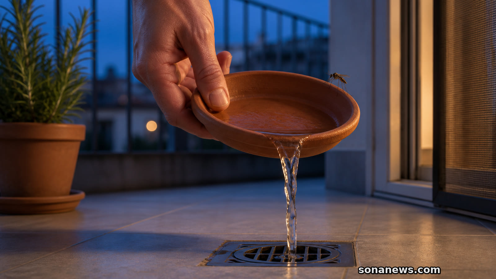 Una mano svuota un sottovaso mentre una zanzara Culex resta sul bordo, prevenzione contro il West Nile.