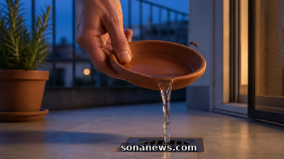 Una mano svuota un sottovaso mentre una zanzara Culex resta sul bordo, prevenzione contro il West Nile.