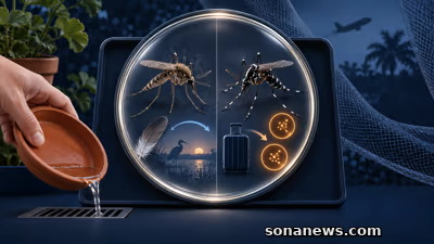 Due zanzare distinguono i percorsi di West Nile e dengue accanto a valigia, uccello e sottovaso svuotato.