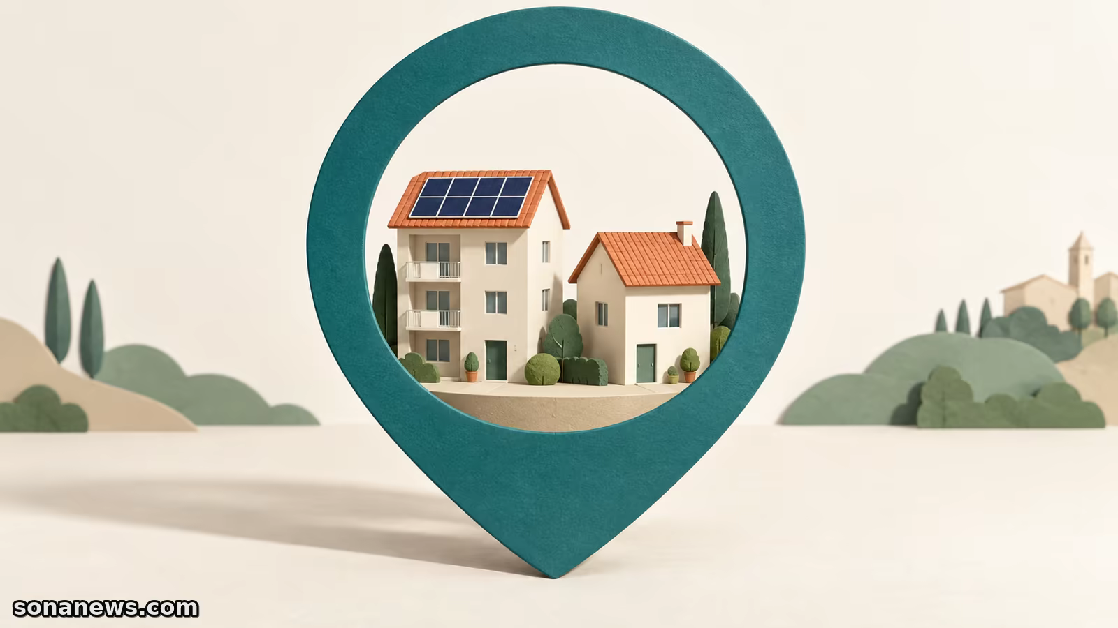 Due edifici in un segnaposto illustrato, uno con pannelli solari e uno senza, rappresentano la ricerca di una comunità energetica locale.