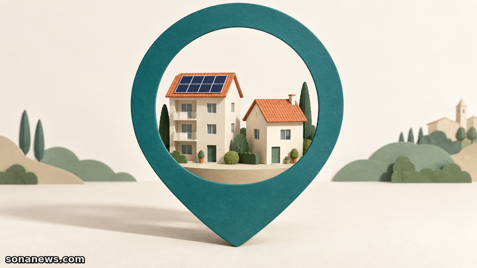 Due edifici in un segnaposto illustrato, uno con pannelli solari e uno senza, rappresentano la ricerca di una comunità energetica locale.