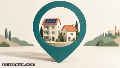 Due edifici in un segnaposto illustrato, uno con pannelli solari e uno senza, rappresentano la ricerca di una comunità energetica locale.