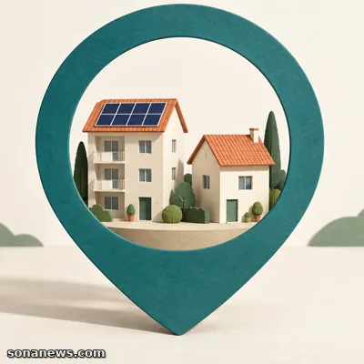Due edifici in un segnaposto illustrato, uno con pannelli solari e uno senza, rappresentano la ricerca di una comunità energetica locale.