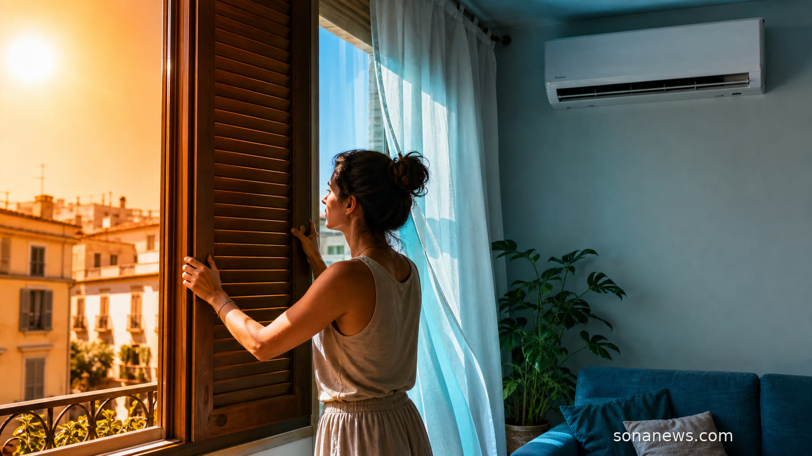 Donna che chiude le persiane contro il sole estivo in un appartamento italiano mentre un climatizzatore a parete raffresca l’interno.