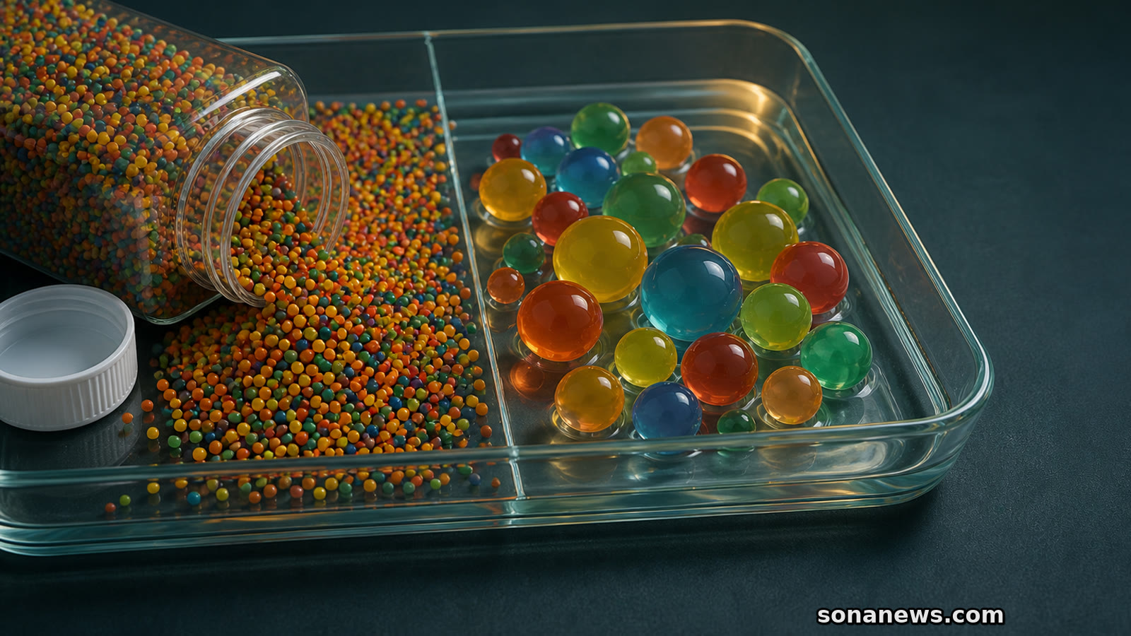 Perle d’acqua multicolori, asciutte e ingrandite dopo l’assorbimento, illustrate per il richiamo Juncture