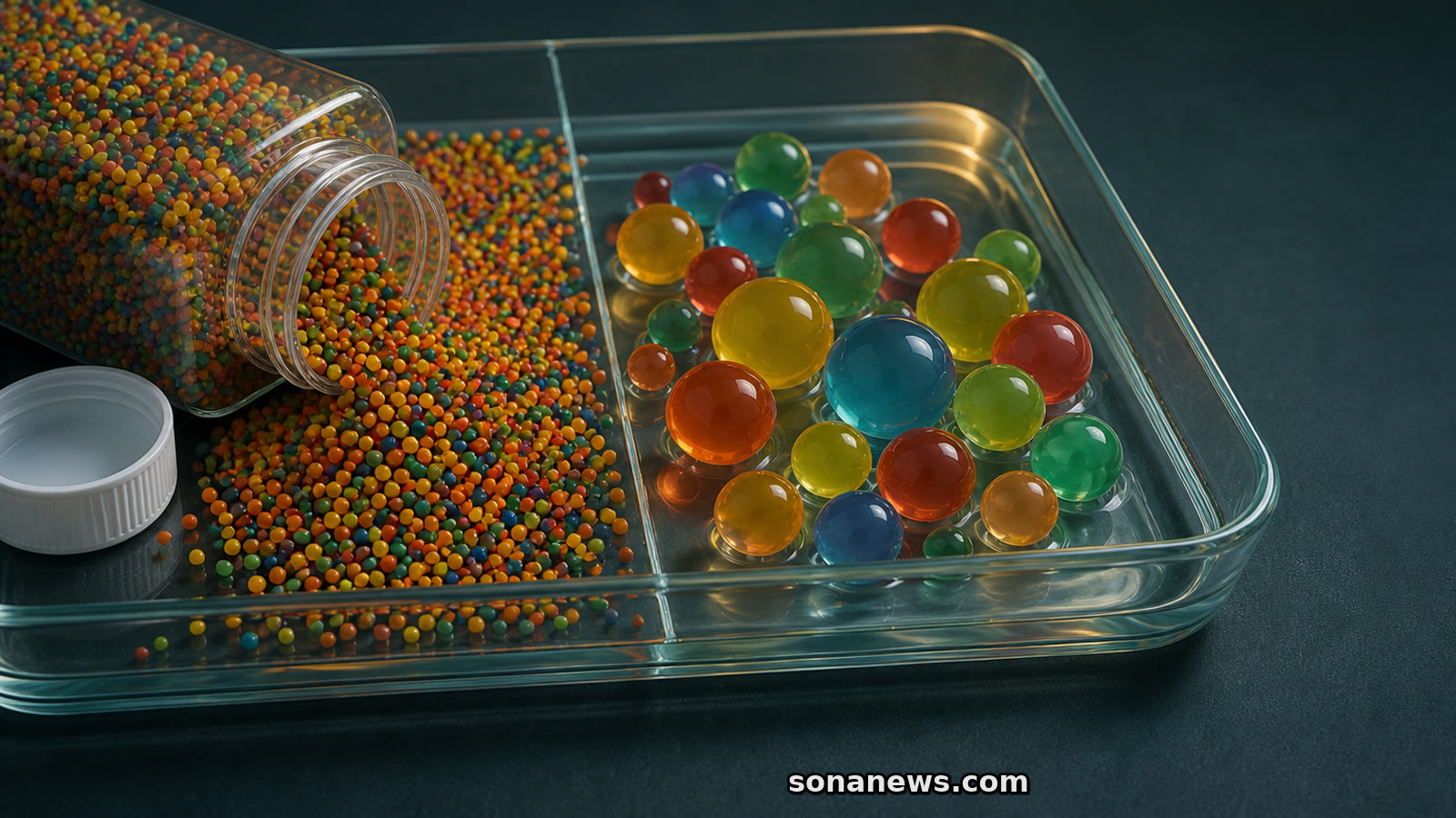 Perle d’acqua multicolori, asciutte e ingrandite dopo l’assorbimento, illustrate per il richiamo Juncture