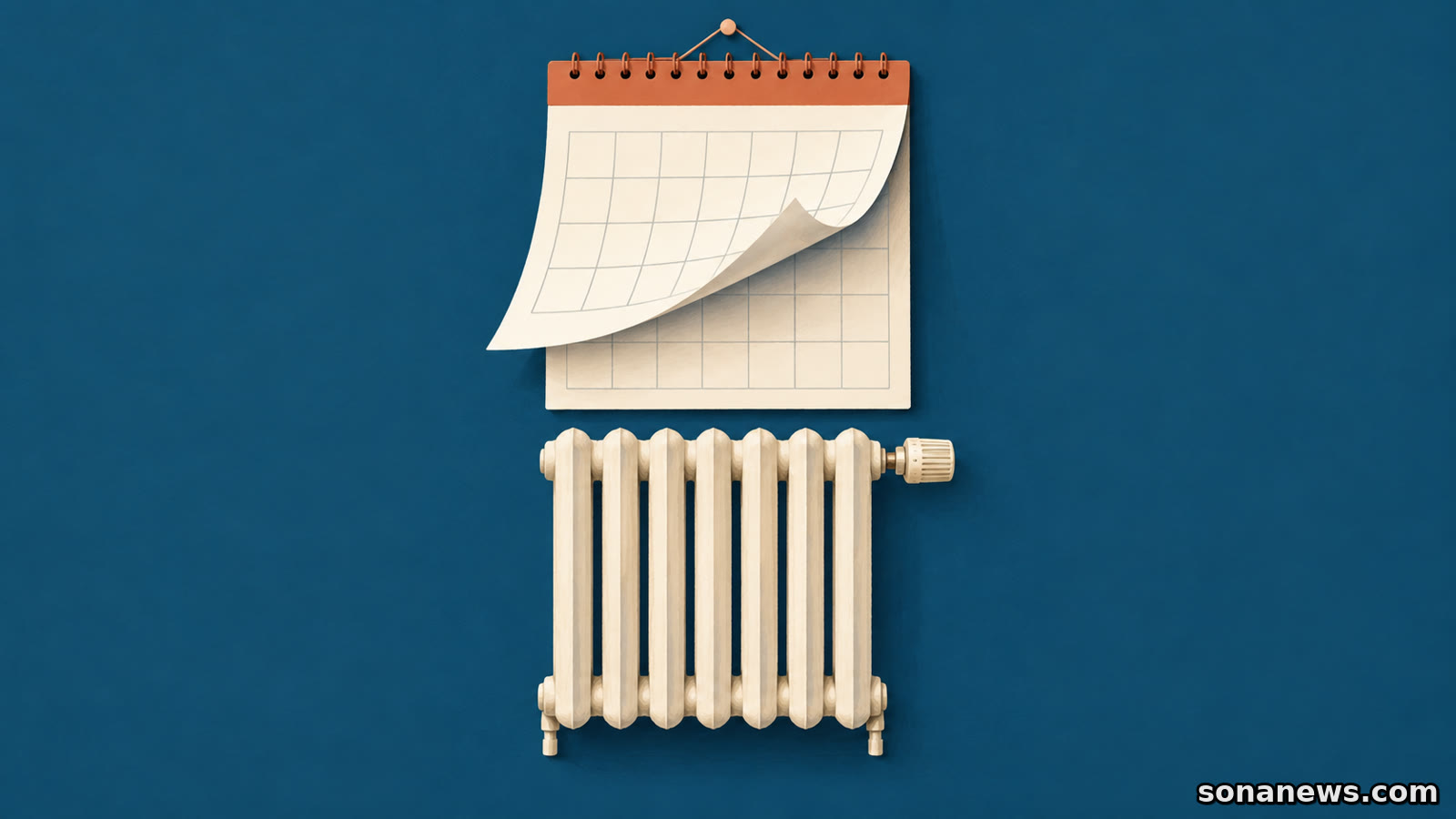 Un calendario illustrato volta pagina sopra un radiatore domestico, richiamando il rinvio dell’accensione del riscaldamento a Bologna.