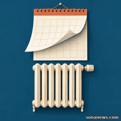 Un calendario illustrato volta pagina sopra un radiatore domestico, richiamando il rinvio dell’accensione del riscaldamento a Bologna.