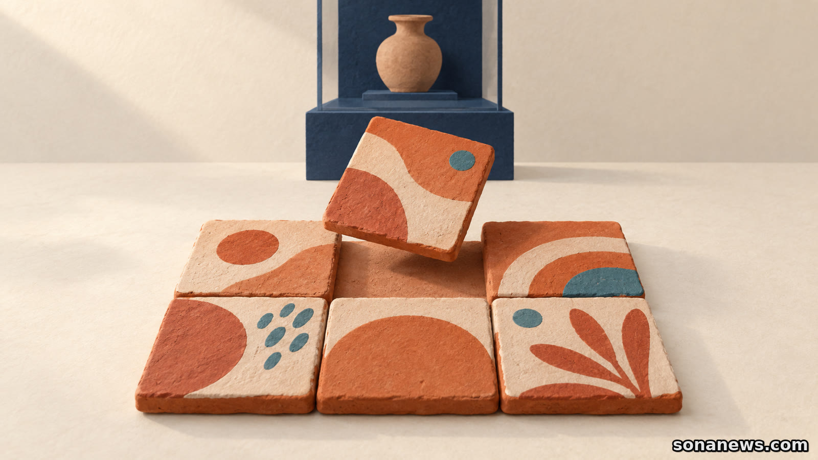 Tessere di terracotta decorate compongono un’opera collettiva davanti a una vetrina archeologica stilizzata, illustrazione del laboratorio FAMu annunciato a Pontecagnano.