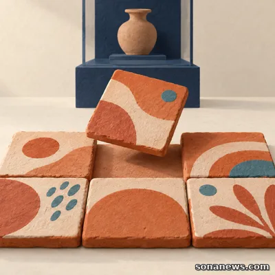 Tessere di terracotta decorate compongono un’opera collettiva davanti a una vetrina archeologica stilizzata, illustrazione del laboratorio FAMu annunciato a Pontecagnano.