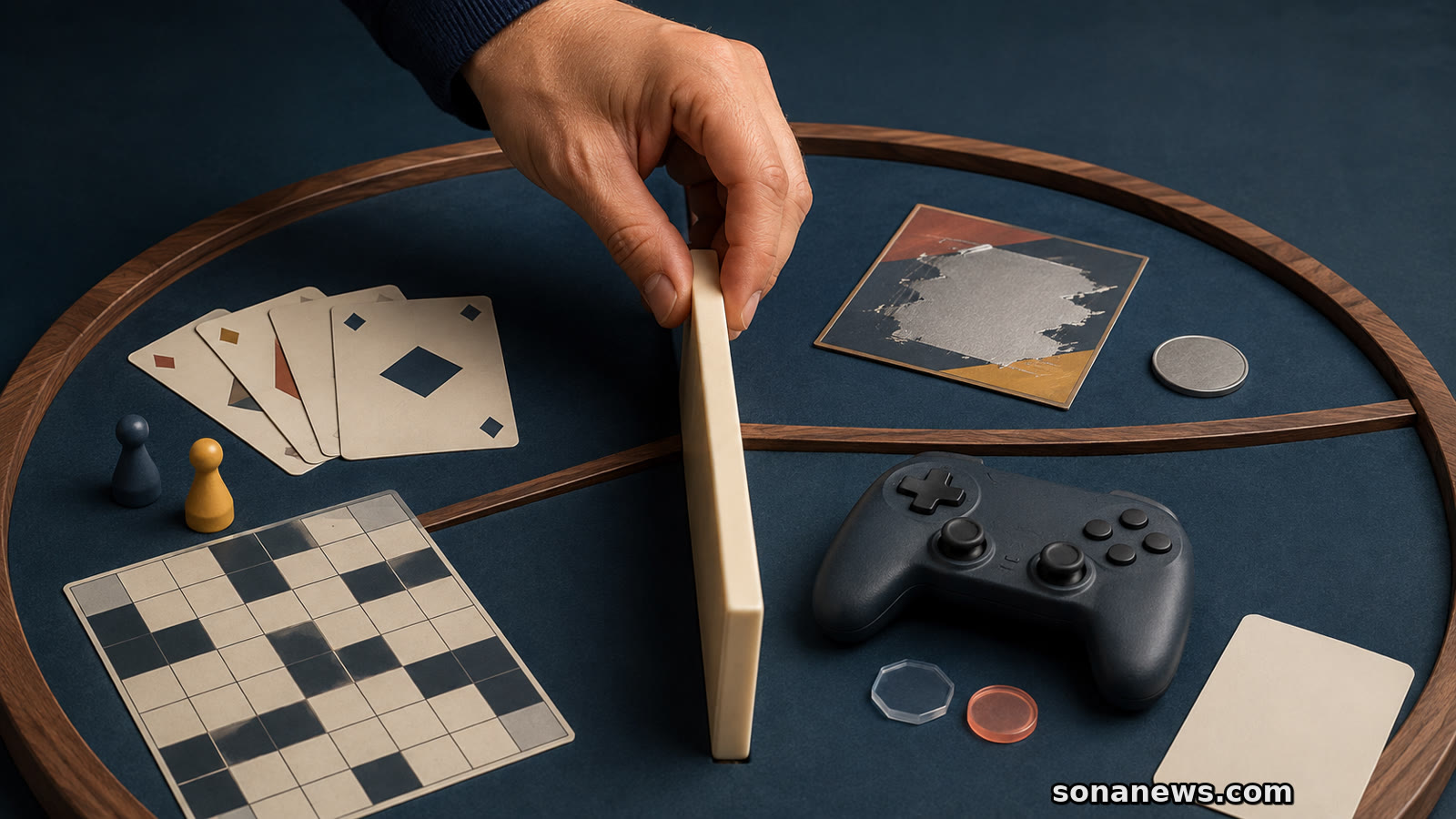 Una mano separa carte e cruciverba, un biglietto da gioco e un controller con gettoni virtuali, illustrando i tre dati Istat sul gioco.