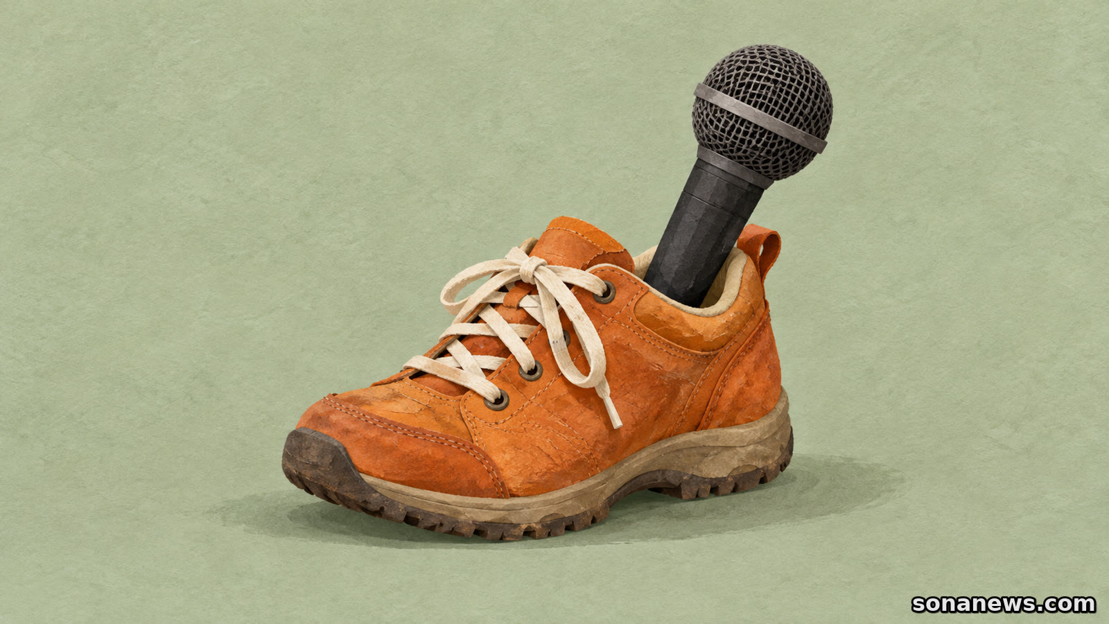 Un microfono emerge da una scarpa da cammino arancione, illustrazione concettuale delle voci raccolte per il podcast della Giornata del Camminare.