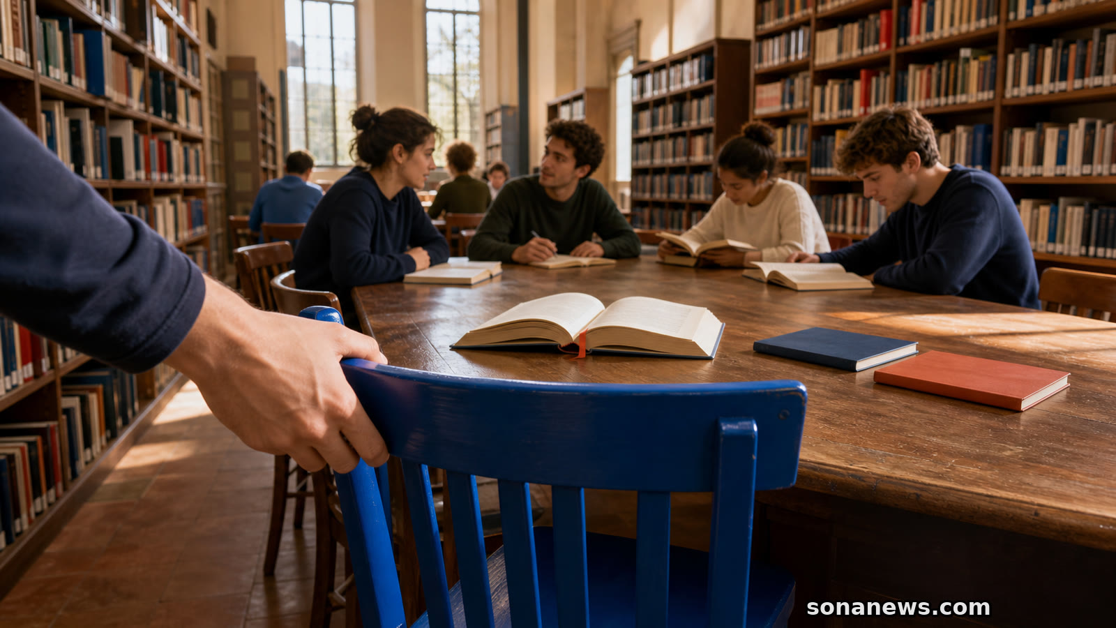 Giovani adulti studiano e parlano a un tavolo di biblioteca mentre una mano avvicina una sedia blu a un libro aperto.