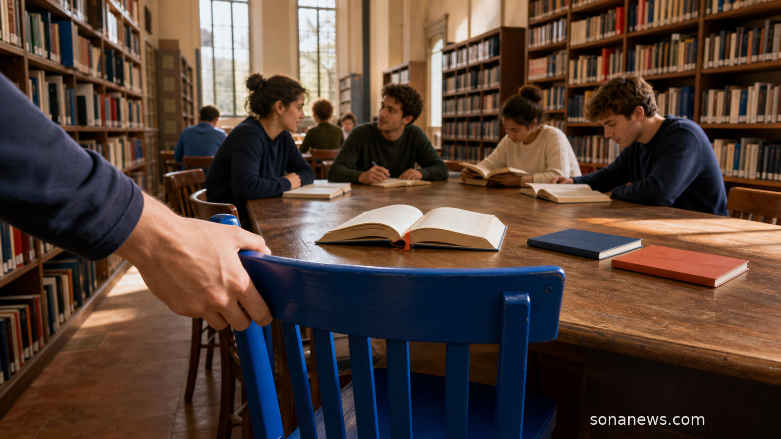 Giovani adulti studiano e parlano a un tavolo di biblioteca mentre una mano avvicina una sedia blu a un libro aperto.