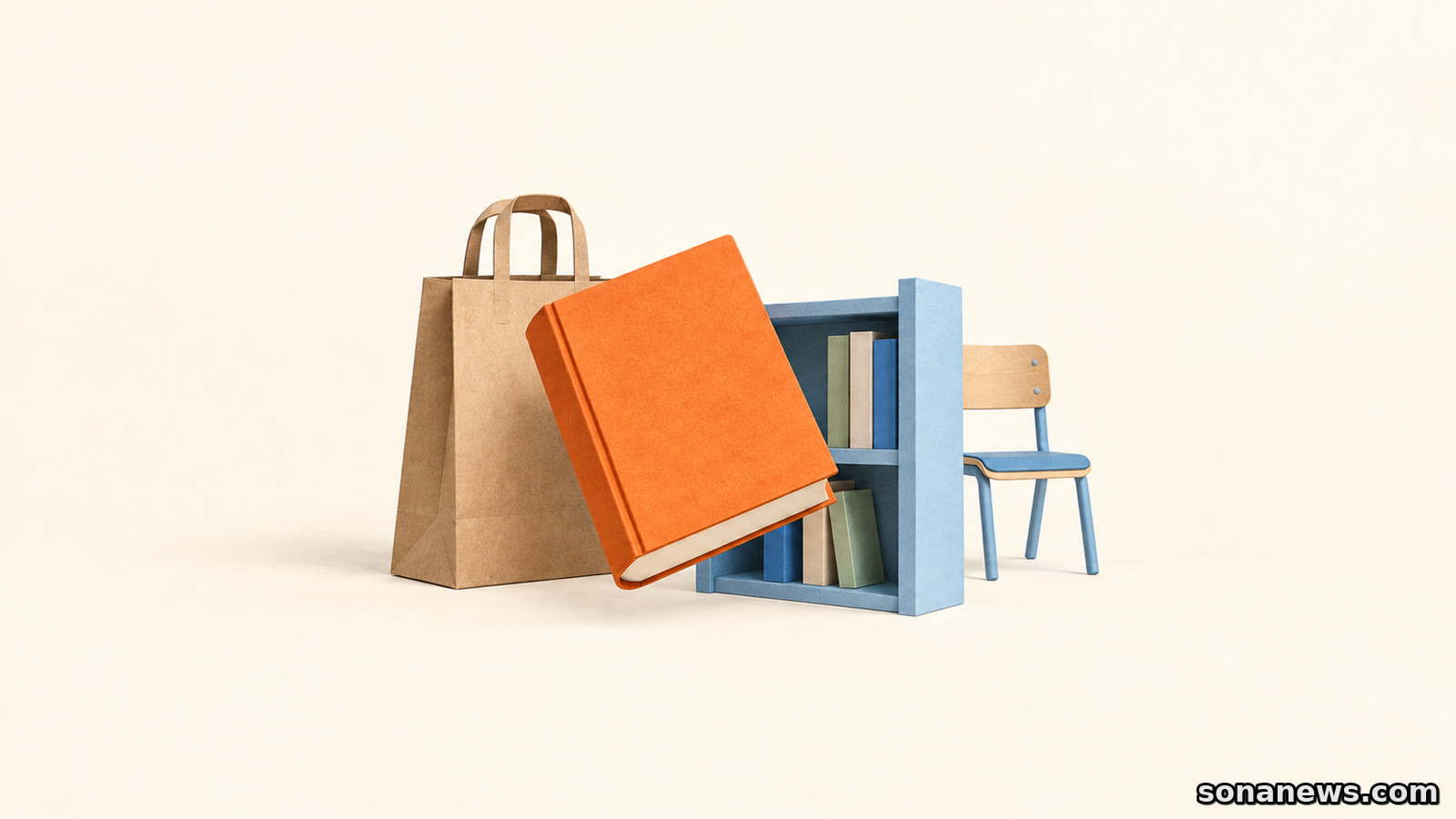 Un libro arancione tra una busta da libreria e uno scaffale scolastico illustra il percorso delle donazioni di Io leggo perché.