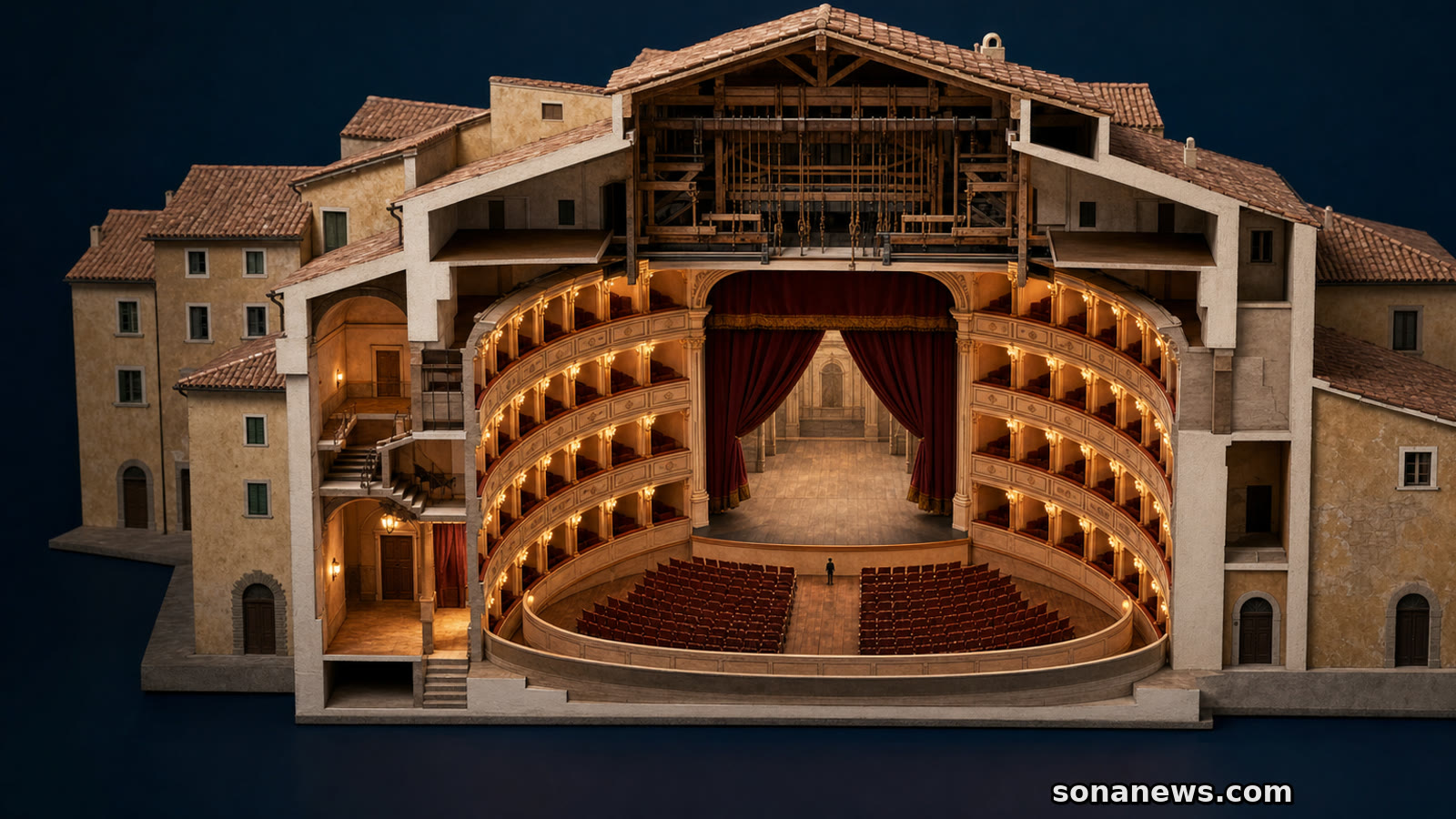 Sezione illustrata di un teatro condominiale italiano con palchi a ferro di cavallo, platea, sipario e antiche macchine sceniche.