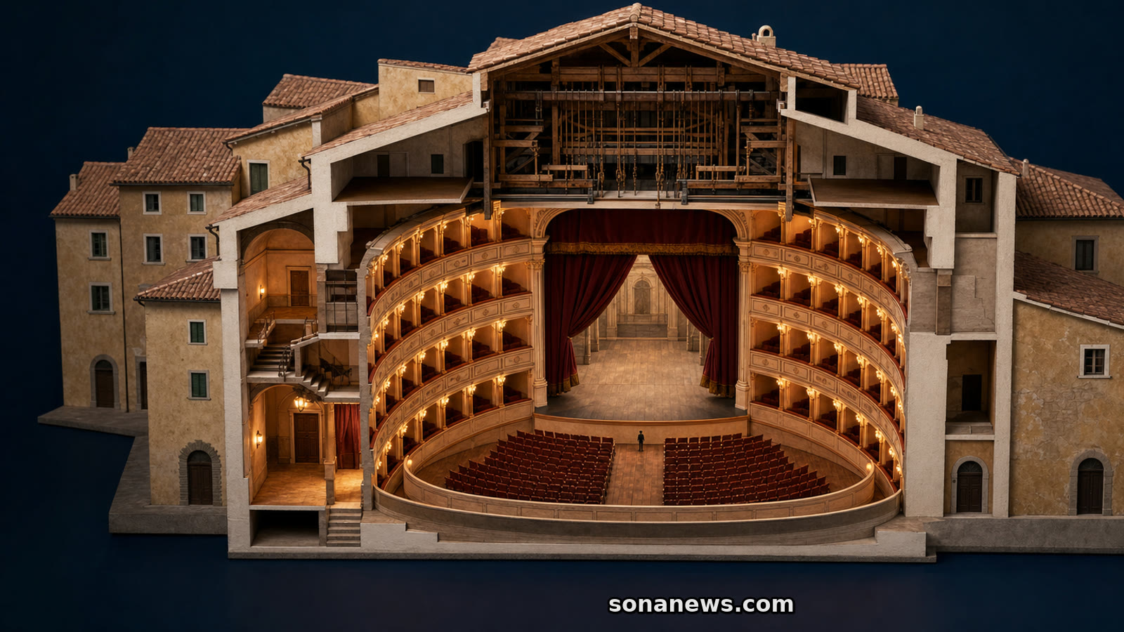 Sezione illustrata di un teatro condominiale italiano con palchi a ferro di cavallo, platea, sipario e antiche macchine sceniche.