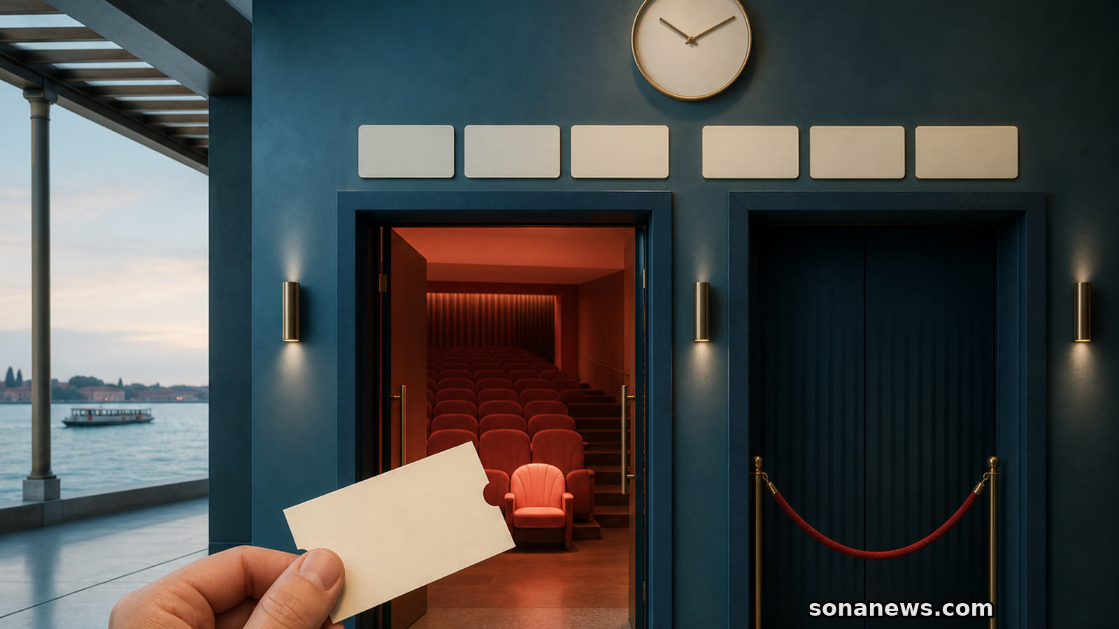 Biglietto bianco verso una sala aperta accanto a un ingresso chiuso di Venezia 83.