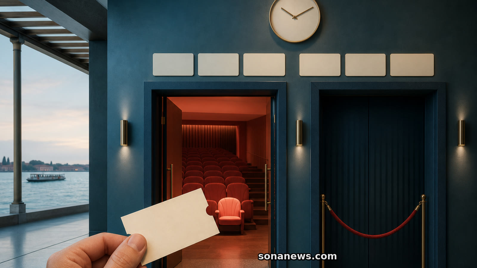 Biglietto bianco verso una sala aperta accanto a un ingresso chiuso di Venezia 83.