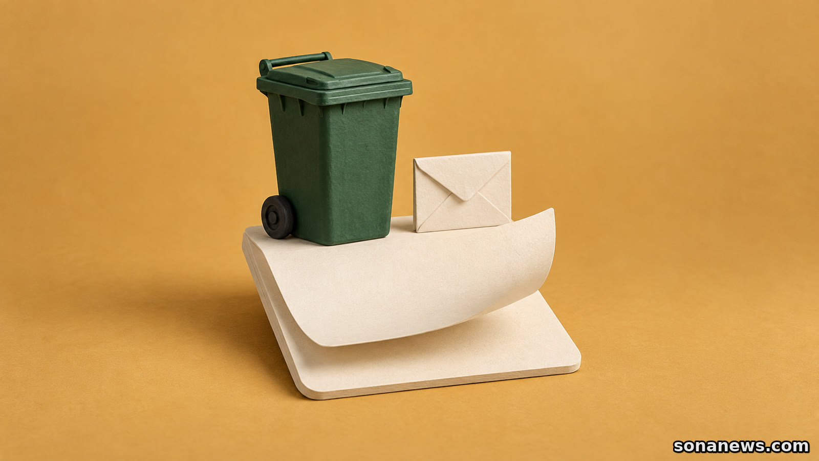 Un bidoncino verde su pagine senza scritte, una sollevata, accanto a una busta, illustra il passaggio d’anno del bonus TARI.