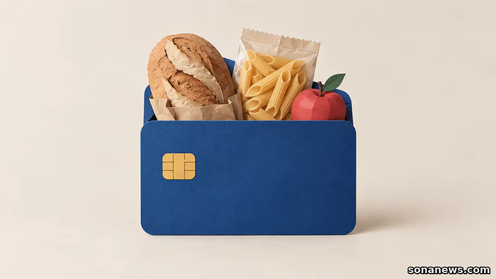 Una carta astratta blu diventa un contenitore di pane, pasta e una mela, a illustrare il sostegno alimentare Dedicata a te.