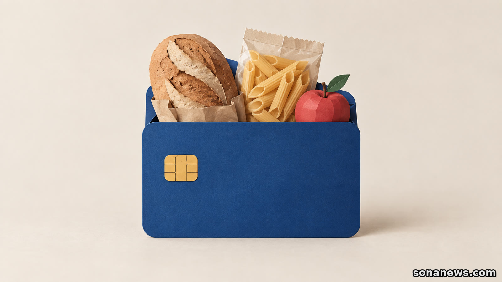 Una carta astratta blu diventa un contenitore di pane, pasta e una mela, a illustrare il sostegno alimentare Dedicata a te.
