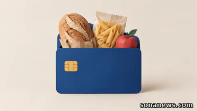 Una carta astratta blu diventa un contenitore di pane, pasta e una mela, a illustrare il sostegno alimentare Dedicata a te.
