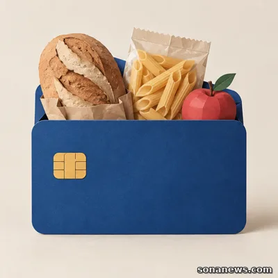 Una carta astratta blu diventa un contenitore di pane, pasta e una mela, a illustrare il sostegno alimentare Dedicata a te.