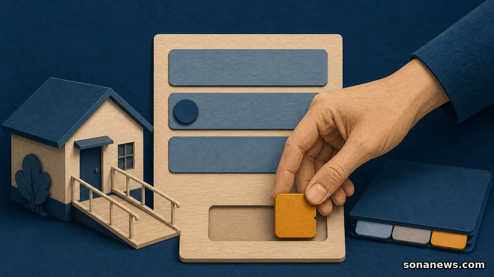 Una mano avvia la rivalutazione Home Care Premium accanto a una casa accessibile e tre fasce di bisogno.