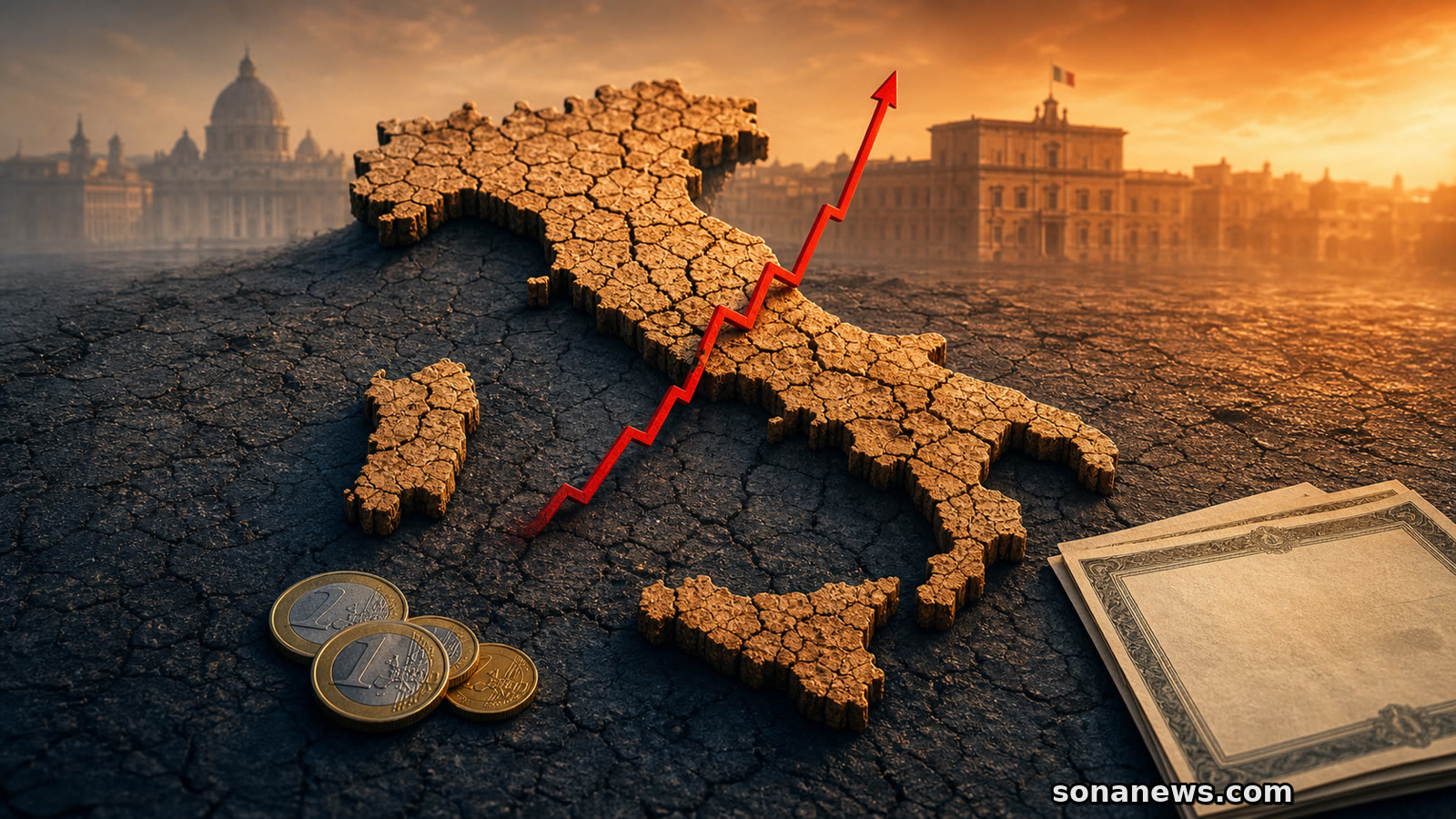 Sagoma dell’Italia su terra arida e screpolata con una linea rossa di rendimento in salita e monete in euro, per rappresentare il costo fiscale del rischio climatico.