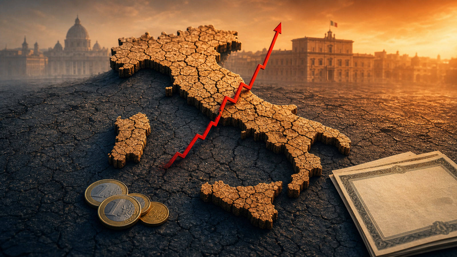Sagoma dell’Italia su terra arida e screpolata con una linea rossa di rendimento in salita e monete in euro, per rappresentare il costo fiscale del rischio climatico.