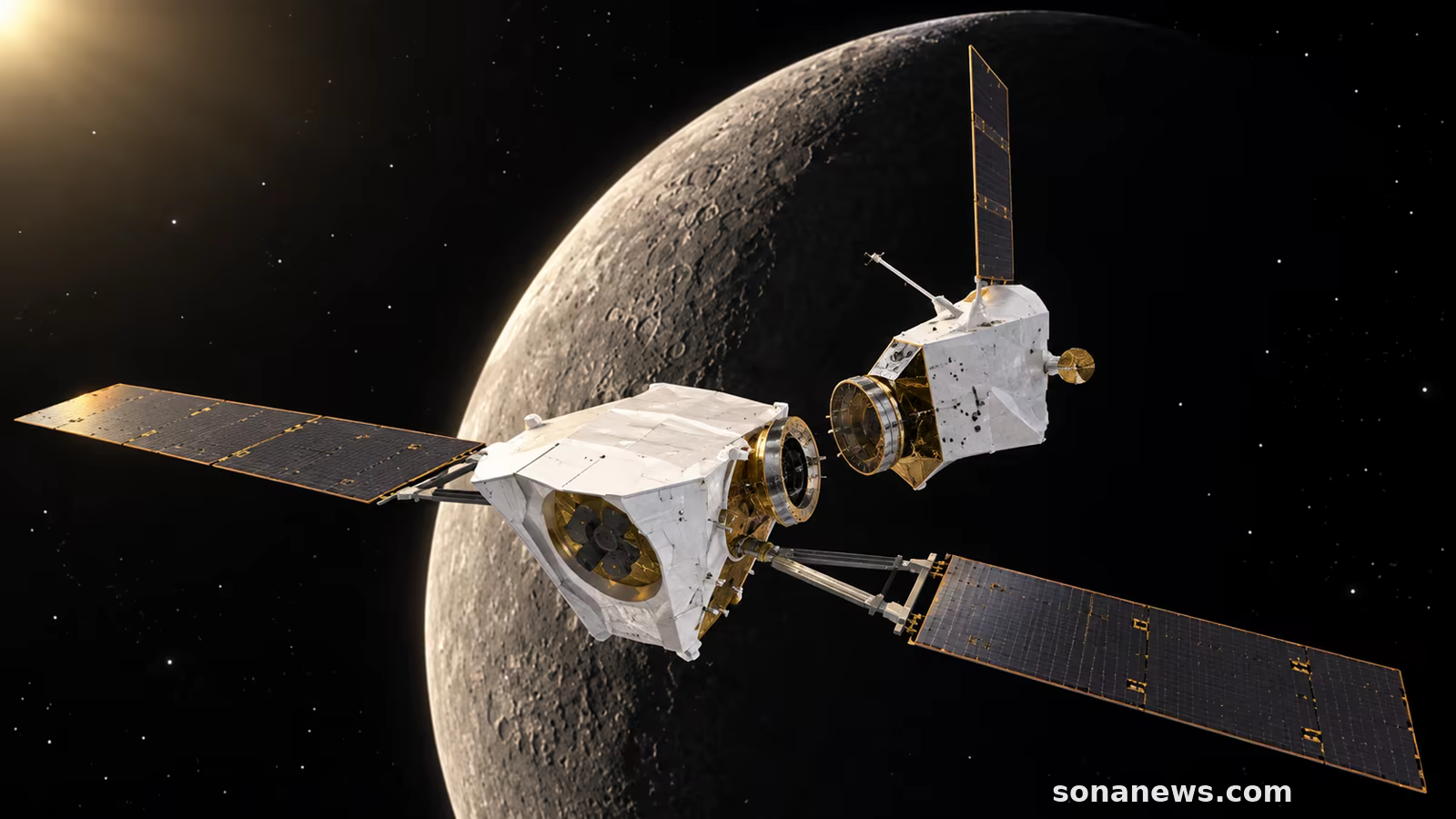 Illustrazione mostra due sezioni di BepiColombo appena separate davanti al bordo illuminato di Mercurio.