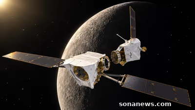 Illustrazione mostra due sezioni di BepiColombo appena separate davanti al bordo illuminato di Mercurio.