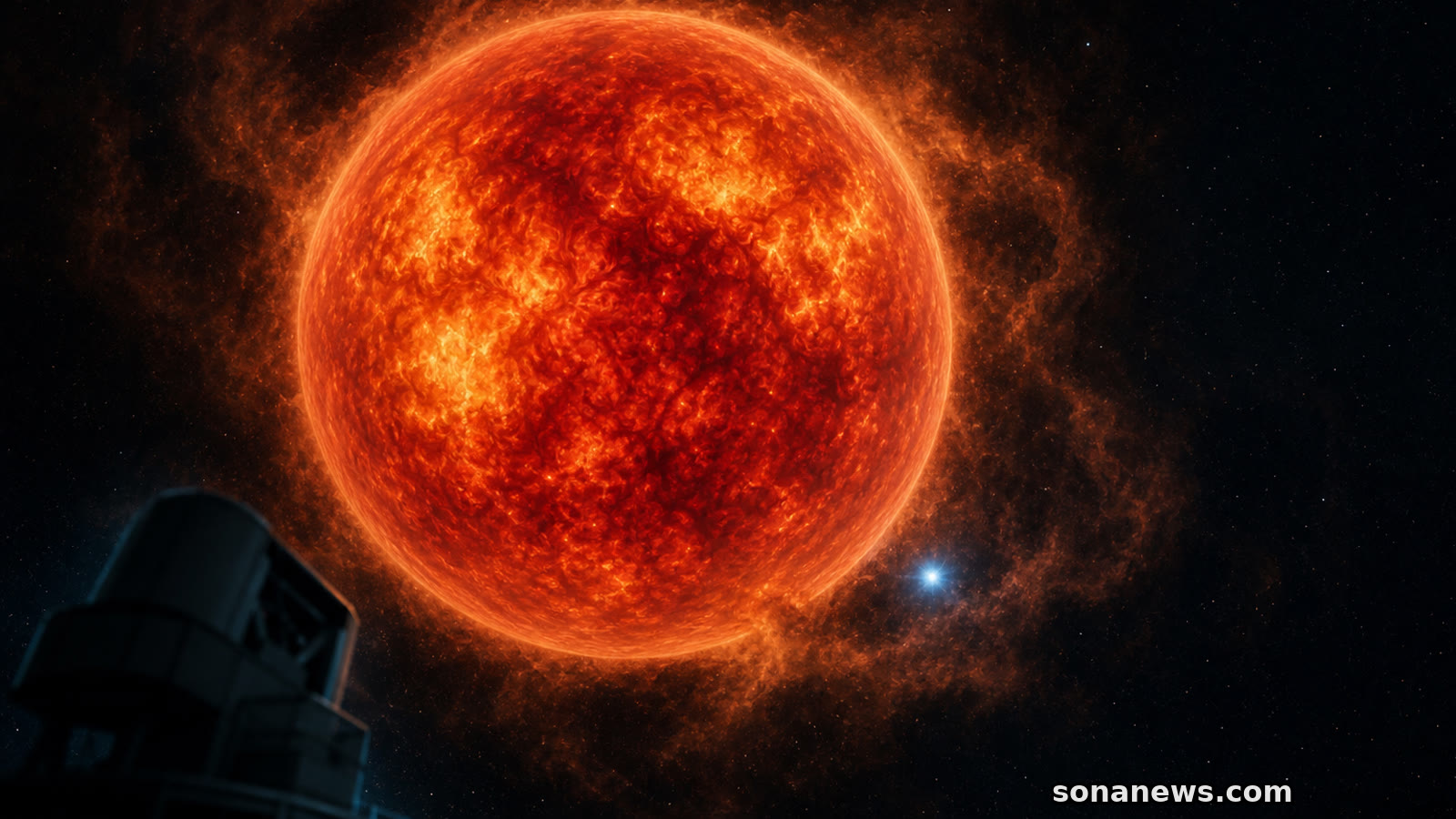 Illustrazione di Betelgeuse, enorme supergigante rossa, con una piccola compagna candidata nell’ambiente polveroso e un telescopio in primo piano.