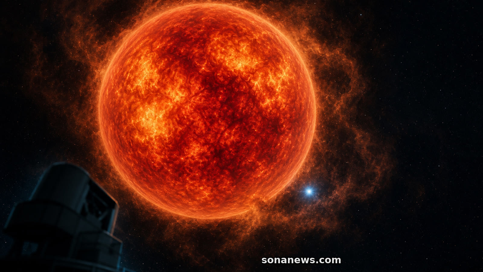 Illustrazione di Betelgeuse, enorme supergigante rossa, con una piccola compagna candidata nell’ambiente polveroso e un telescopio in primo piano.
