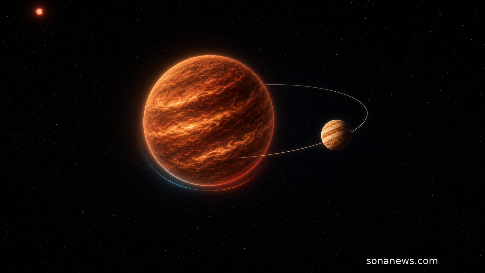 Illustrazione di CD-35 2722 B con il candidato esosatellite sulla sua orbita e accenti blu e rossi per l’effetto Doppler.