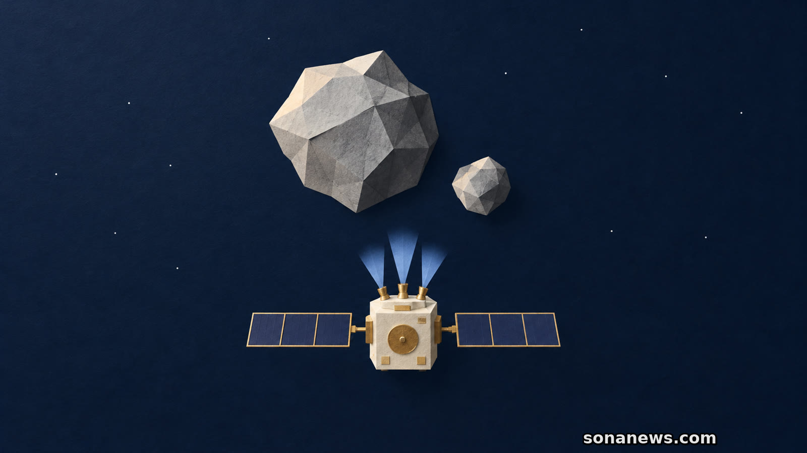 Sonda di carta con getti di frenata rivolta verso due asteroidi di dimensioni diverse, illustrazione dell’avvicinamento programmato di Hera a Didymos.