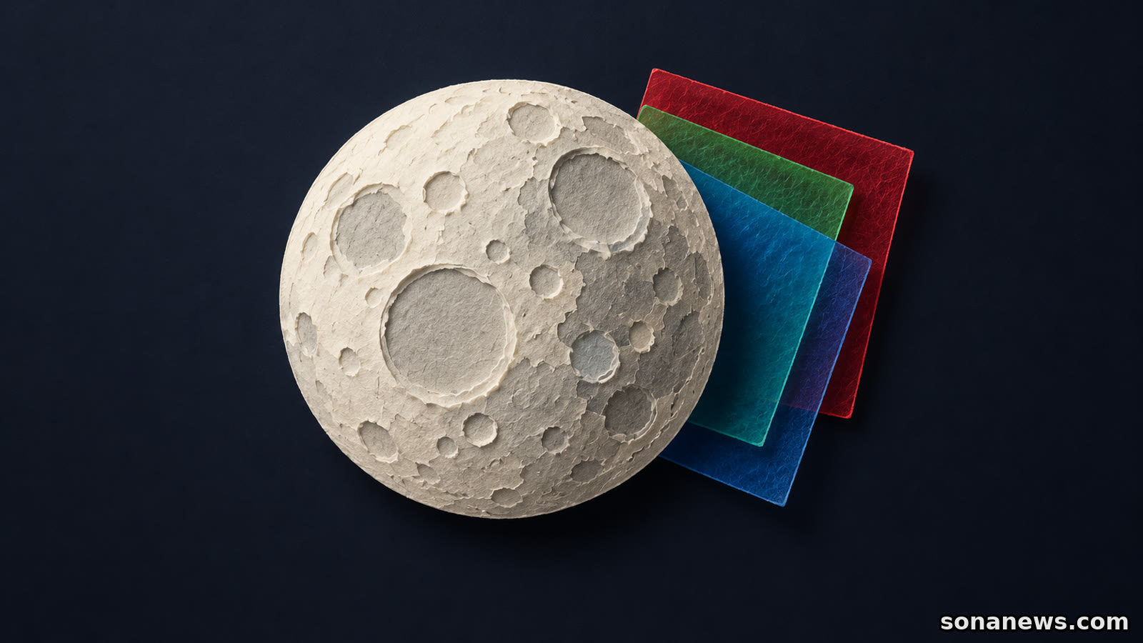 Disco lunare stilizzato e tre filtri colorati illustrano la composizione delle immagini di JANUS, senza riprodurre una vera osservazione della Luna.