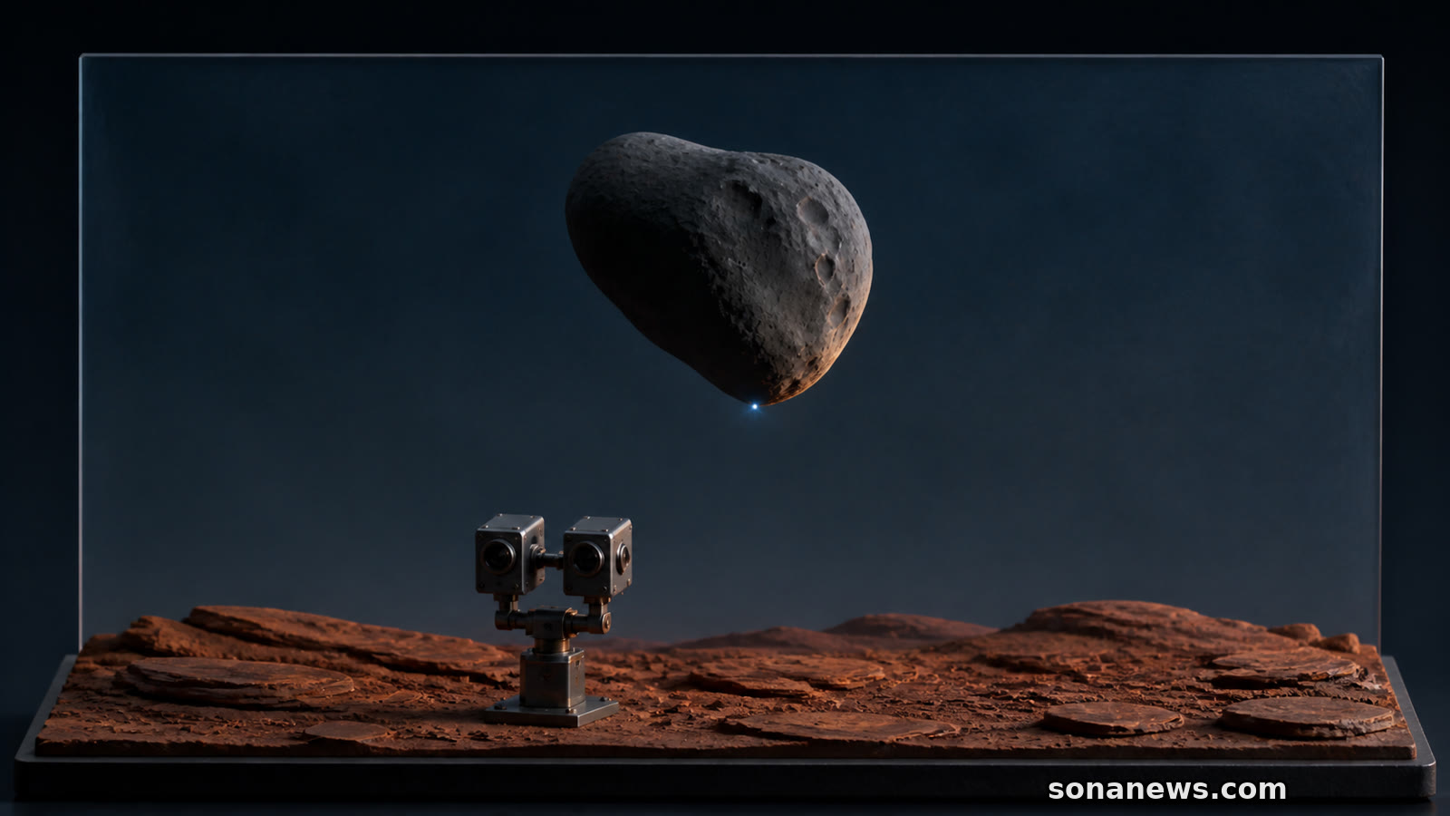 Modello di Phobos che occulta un punto-Terra sopra due camere Mastcam-Z e il terreno marziano.