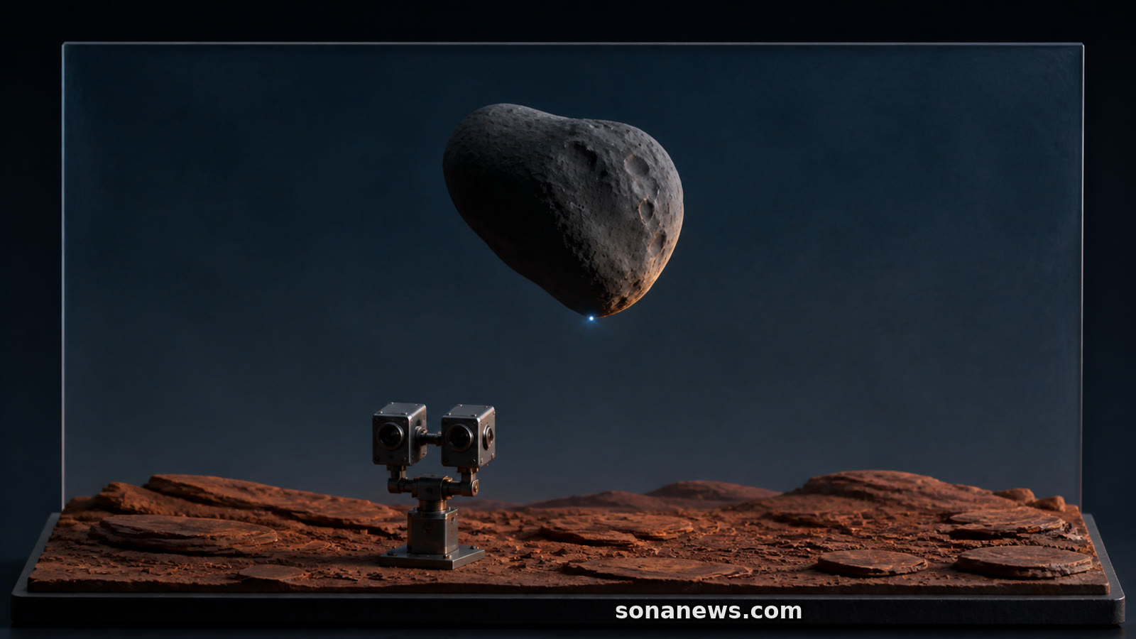 Modello di Phobos che occulta un punto-Terra sopra due camere Mastcam-Z e il terreno marziano.