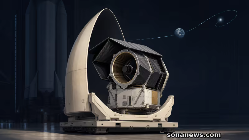 Illustrazione concettuale del telescopio Roman ancora nella culla della carenatura, con il razzo fermo sullo sfondo e la rotta pianificata verso L2.