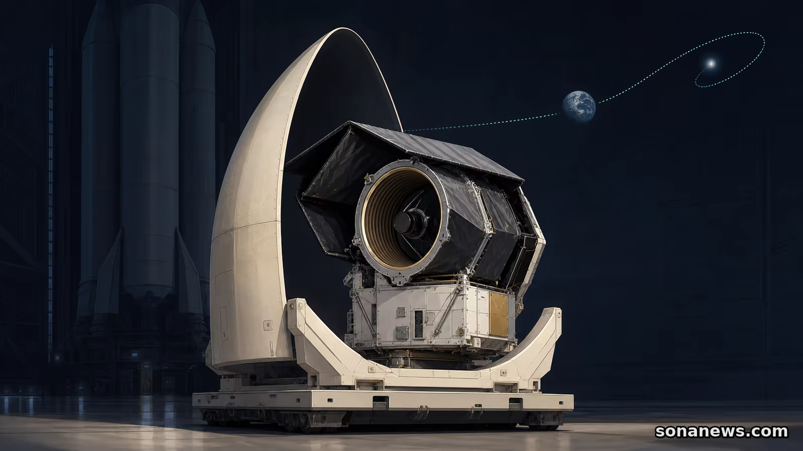 Illustrazione concettuale del telescopio Roman ancora nella culla della carenatura, con il razzo fermo sullo sfondo e la rotta pianificata verso L2.