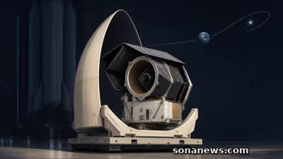 Illustrazione concettuale del telescopio Roman ancora nella culla della carenatura, con il razzo fermo sullo sfondo e la rotta pianificata verso L2.