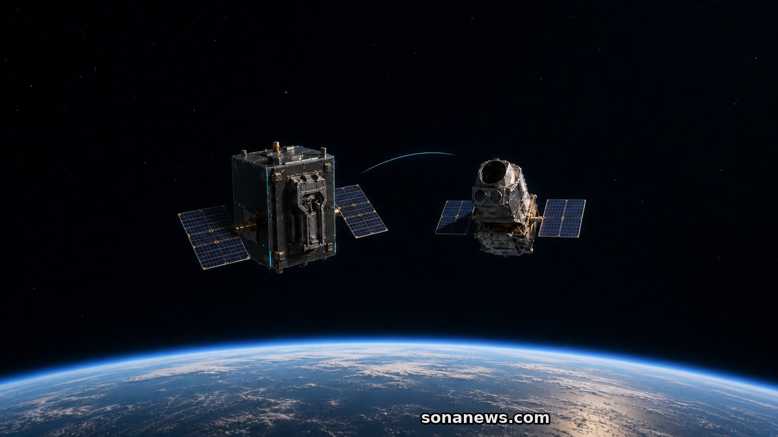 LINK e il telescopio Swift separati sopra la Terra con una traiettoria curva tra loro.