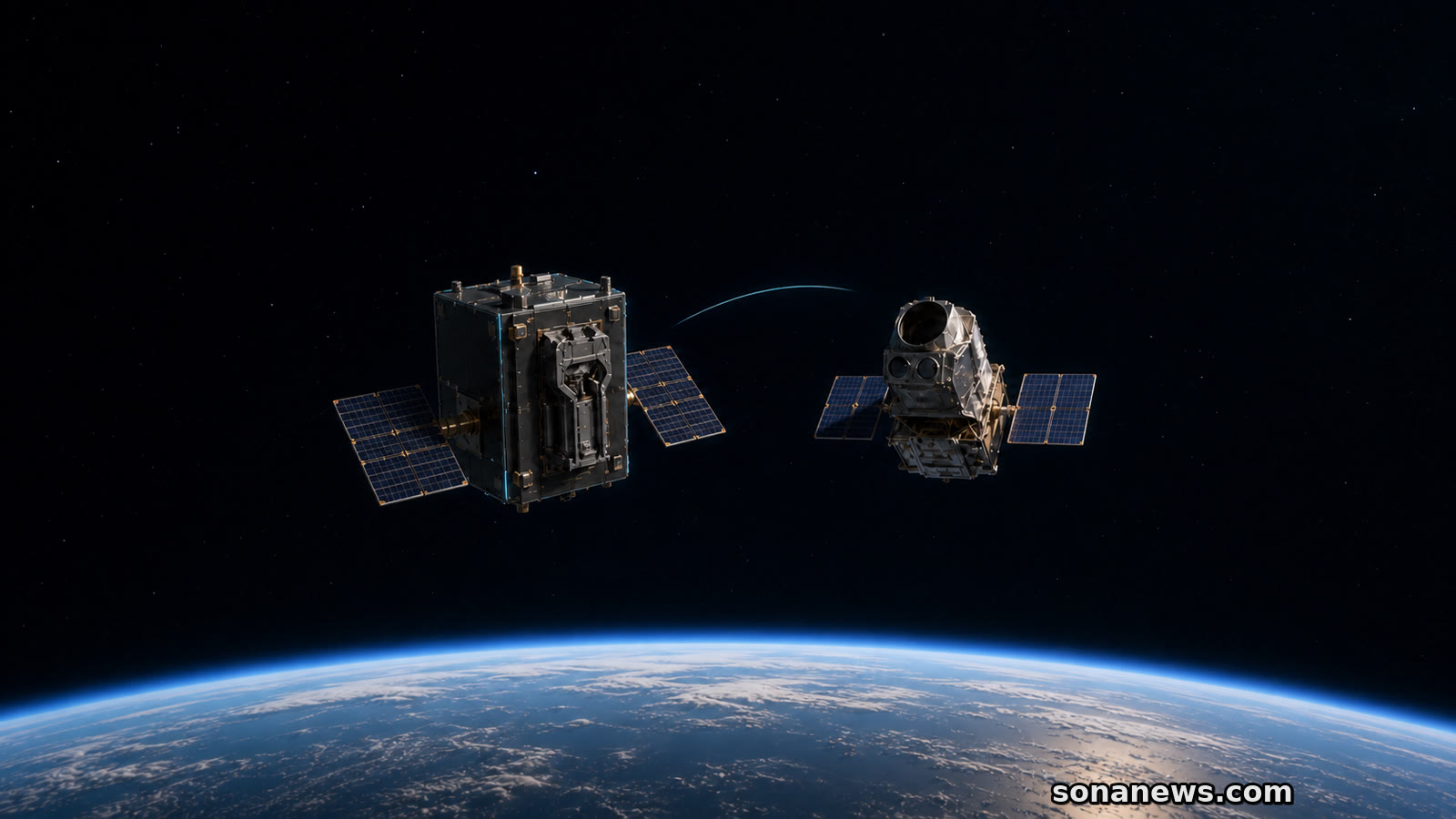 LINK e il telescopio Swift separati sopra la Terra con una traiettoria curva tra loro.