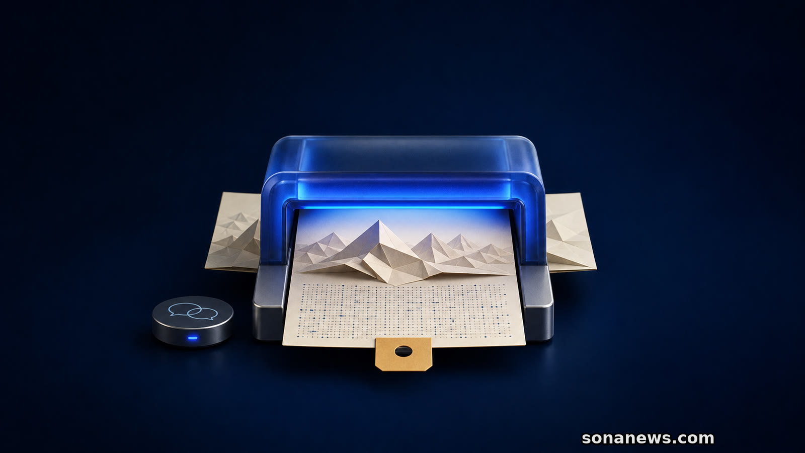 Scanner blu applica una trama digitale e un cartellino ambrato a un paesaggio di carta generato dall’intelligenza artificiale.